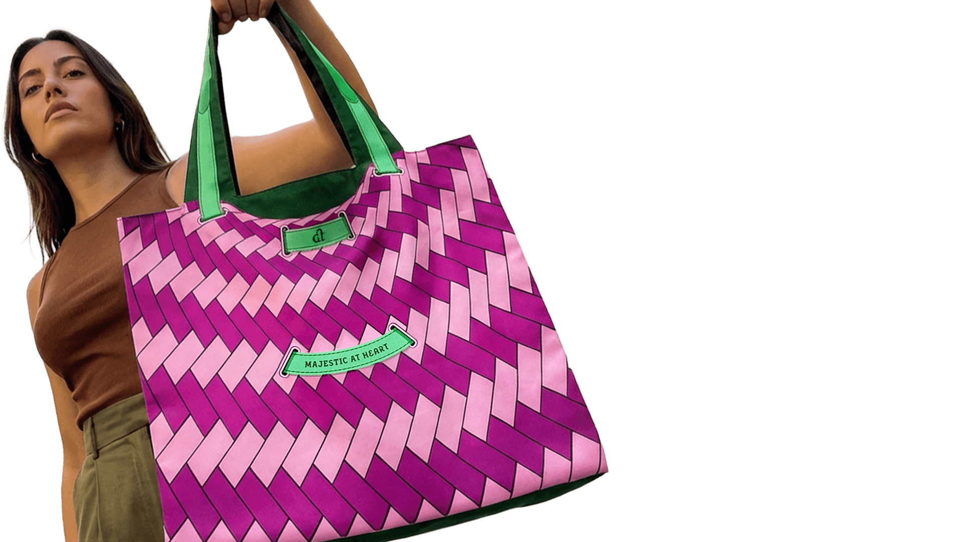 A woman carries the Majestic at heart tote bag. ATHEART Creative Studio in Athens.