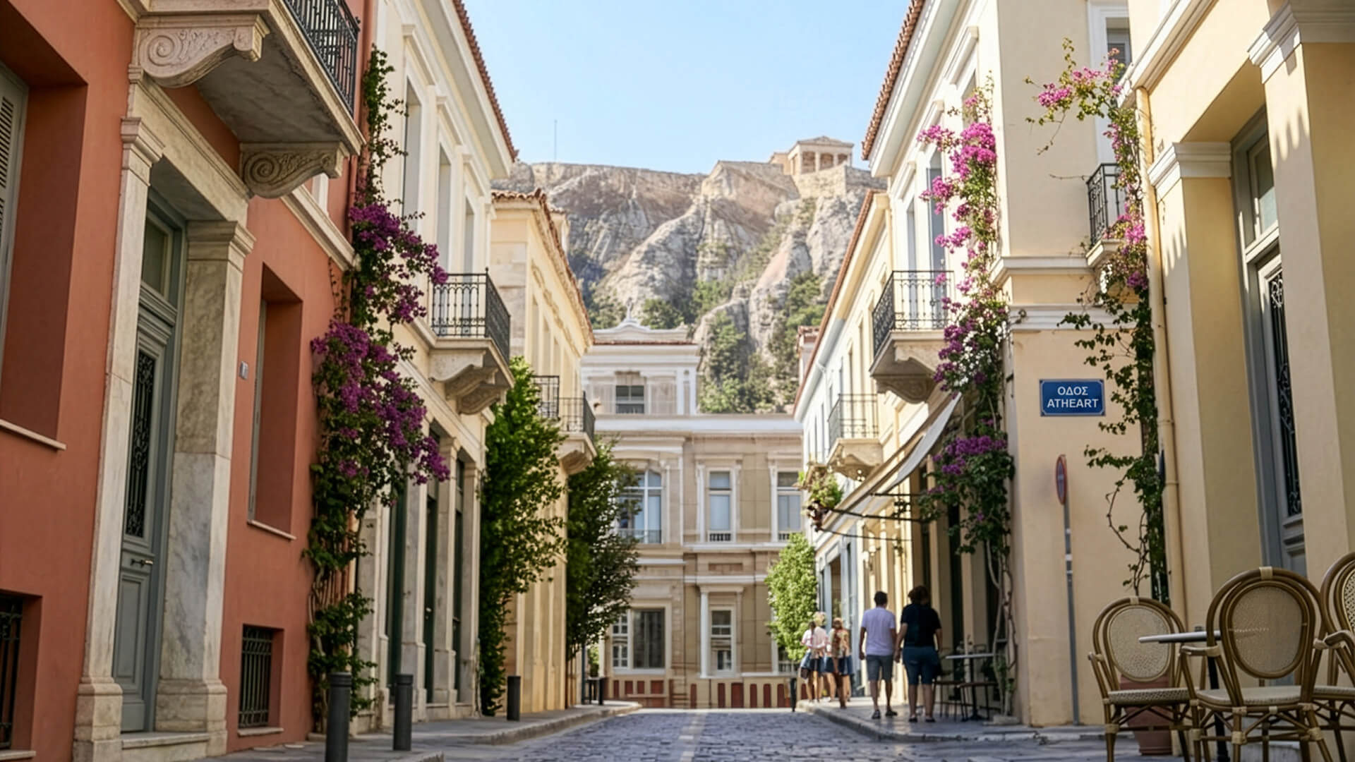 A narrow cobblestone street in historic Plaka in Athens, lined with pastel buildings, blooming bougainvillea, outdoor café tables, and people walking with view from Acropolis, Parhenon. Free ATHEART